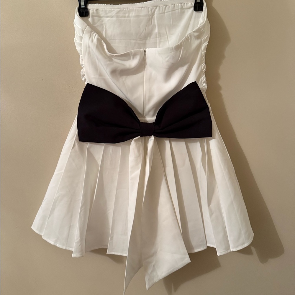 White Strapless Dress with Black Bow